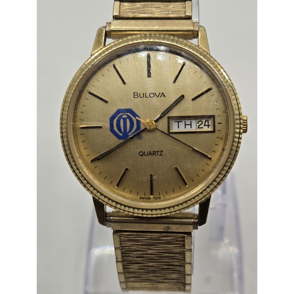 Bulova Men’s 1980 Quartz Watch Date Day Gold Tone. New Battery, Replaced Band.